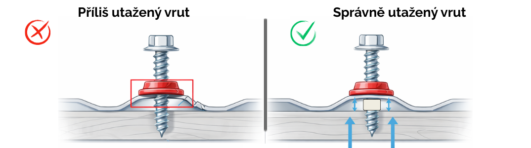 Správné a nesprávné dotažení vrutu u trapézových desek
